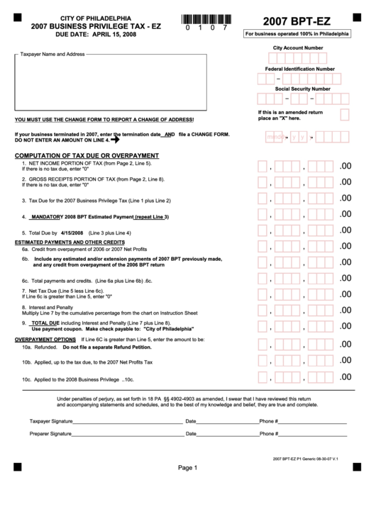 Form Bpt-Ez - Business Privilege Tax - Ez - City Of Philadelphia - 2007 Printable pdf