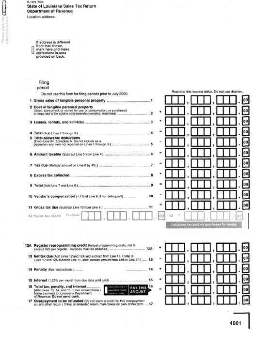 Form R-1029 - State Of Louisiana Sales Tax Return Printable pdf