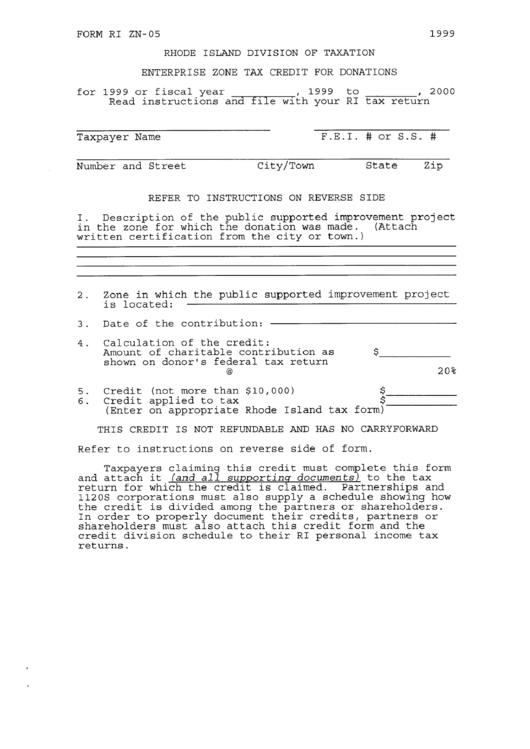 Form Ri Zn-05 - Enterprise Zone Tax Credit For Donations - 1999 Printable pdf