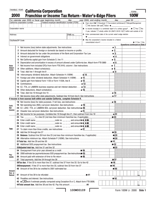 Fillable Form 100w - California Corporation Franchise Or Income Tax Return - Water