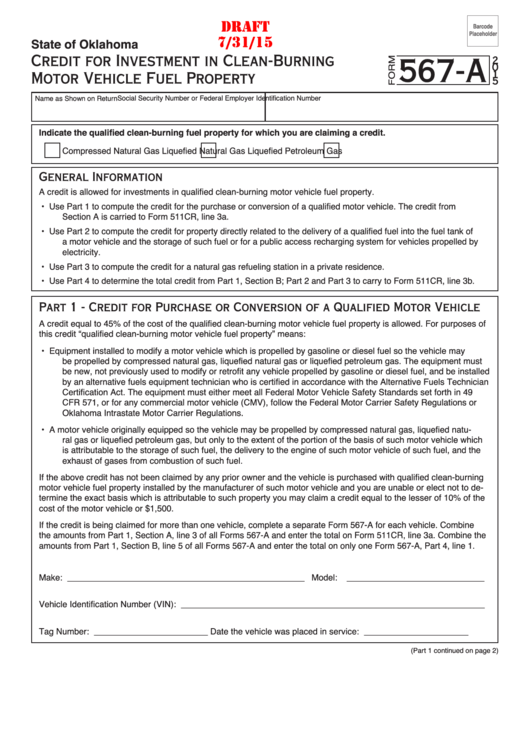 Form 567-A Draft - Credit For Investment In Clean-Burning Motor Vehicle Fuel Property - 2015 Printable pdf