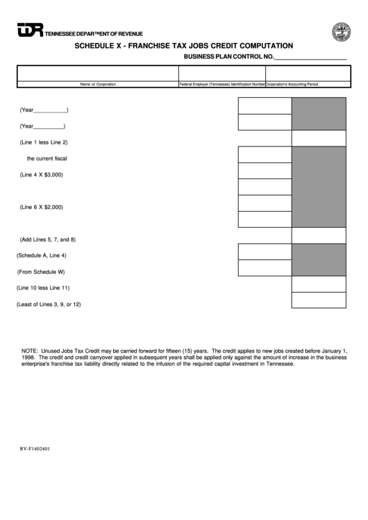 Fillable Form Rv-F1402401 - Schedule X - Franchise Tax Jobs Credit Computation - Tennessee Department Of Revenue Printable pdf