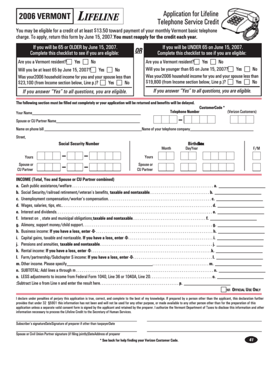 Application For Lifeline Telephone Service Credit - Vermont - 2006 Printable pdf