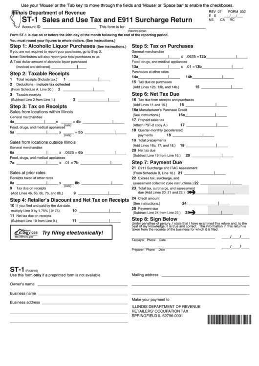 Fillable Form St-1 - Sales And Use Tax And E911 Surcharge Return, St-2 - Multiple Site Form - 2016 Printable pdf