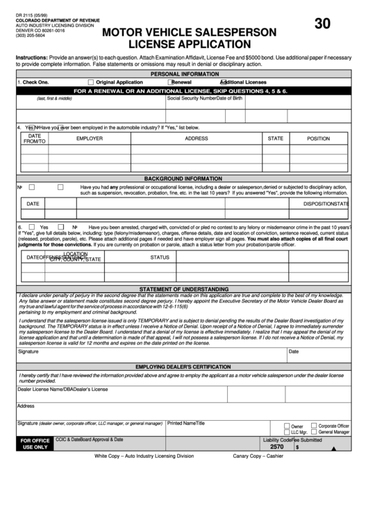 Form Dr 2115 - Motor Vehicle Salesperson License Application - 1999 Printable pdf