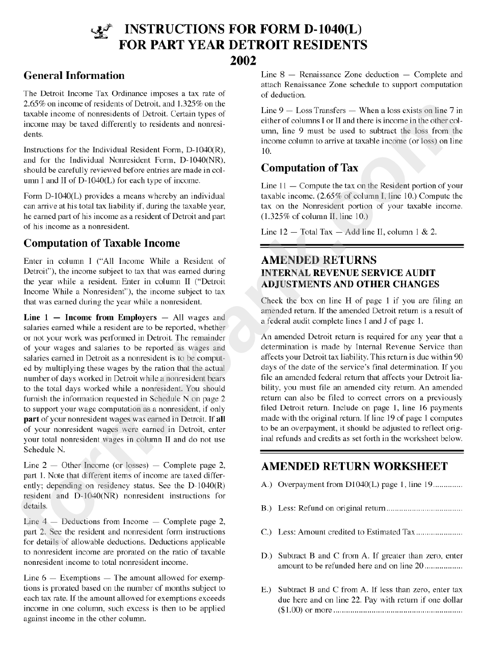Instructions For Form D-1040(L) For Part Year Detroit Residents - 2002
