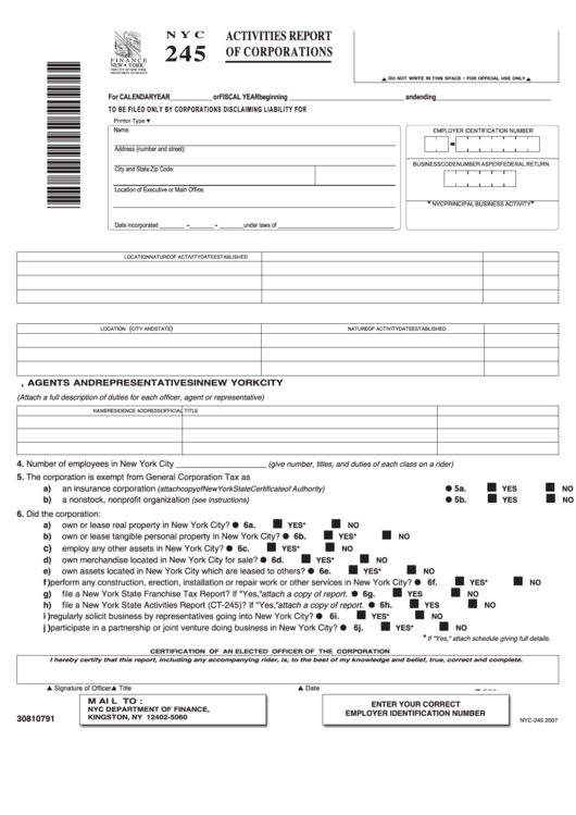 Form Nyc-245 - Activities Report Of Corporations - 2007 Printable pdf