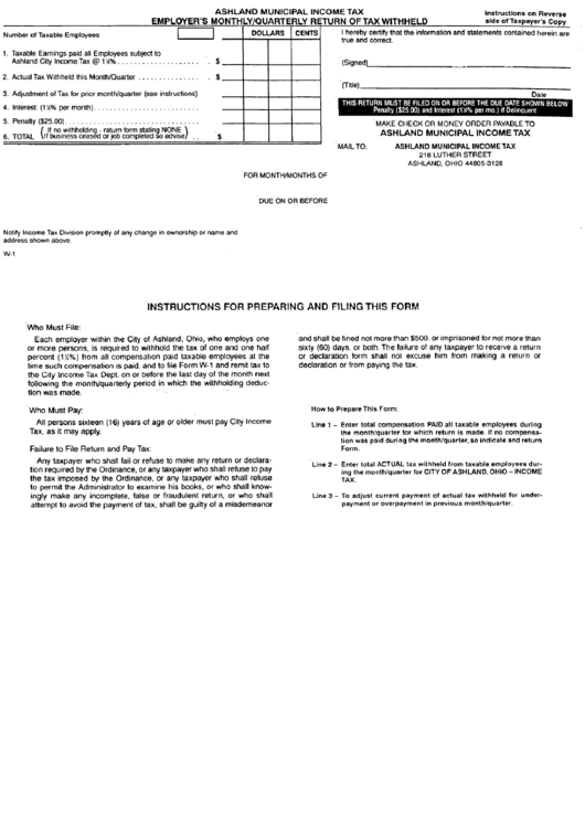 Form W-1 - Ashland Municipal Income Tax Employer
