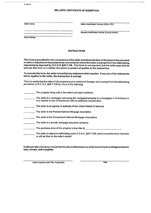 Form It-Aff3 - Seller'S Certificate Of Exemption printable pdf download