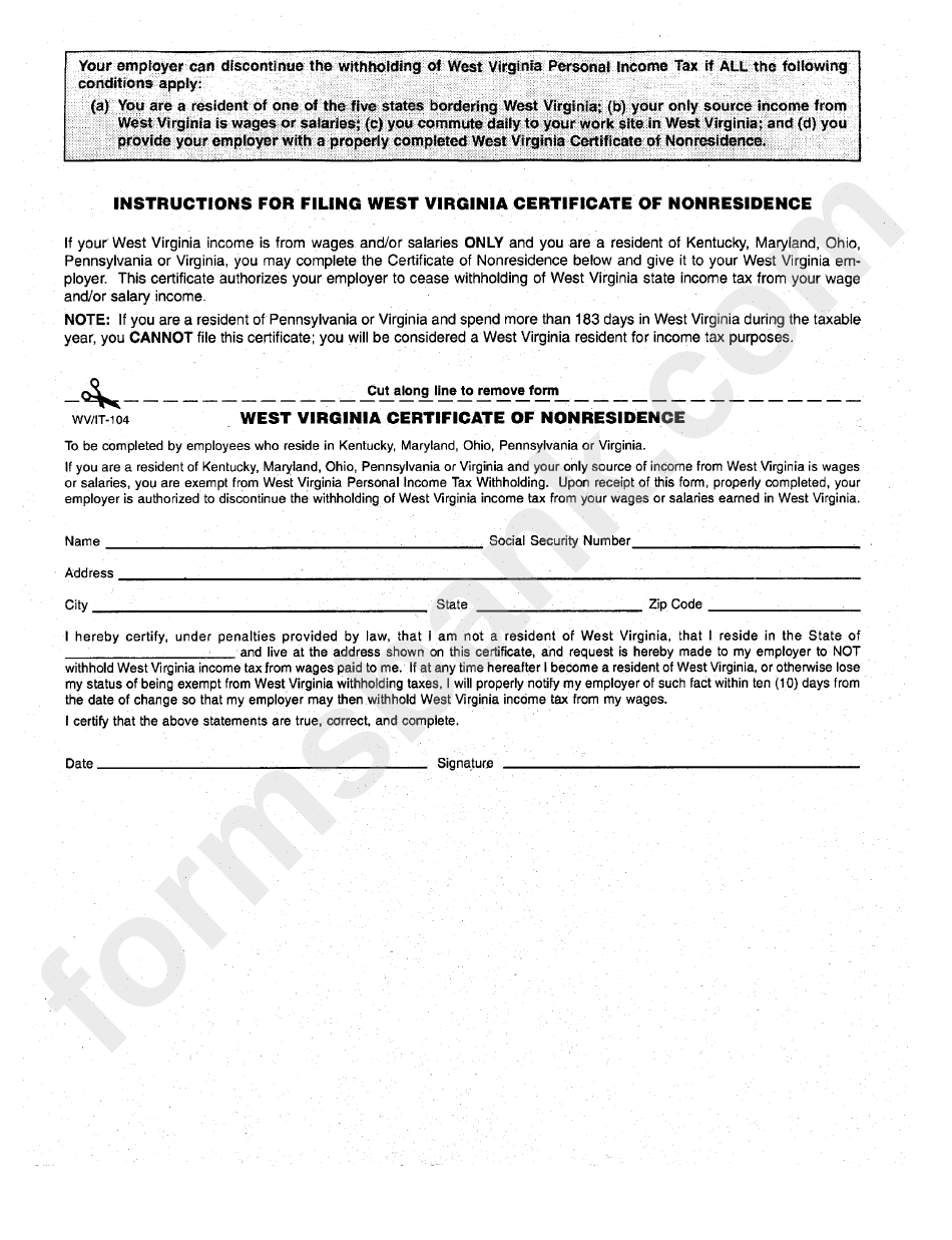 Form Wv/it-104 - West Virginia Certificate Of Nonresidence