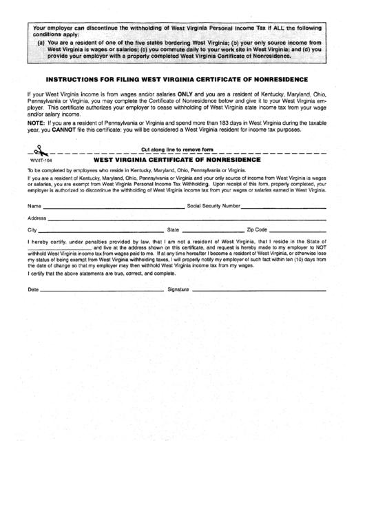 Form Wv/it-104 - West Virginia Certificate Of Nonresidence Printable pdf