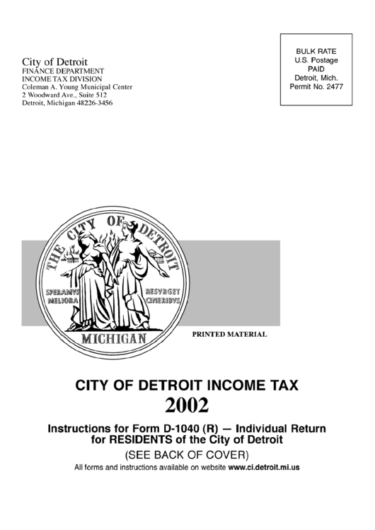 Instructions For Form D-1040(R) - Individual Return For Residents Of The City Of Detroit - 2002 Printable pdf