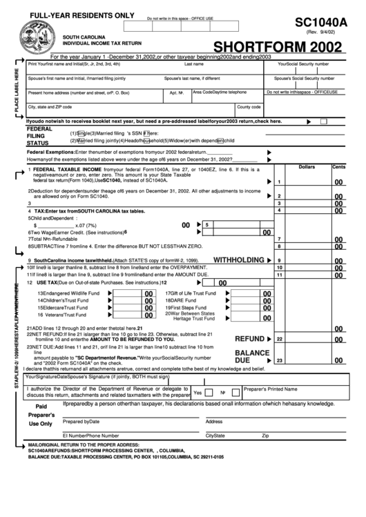 Form Sc1040a Individual Income Tax Return Short Form 2002 