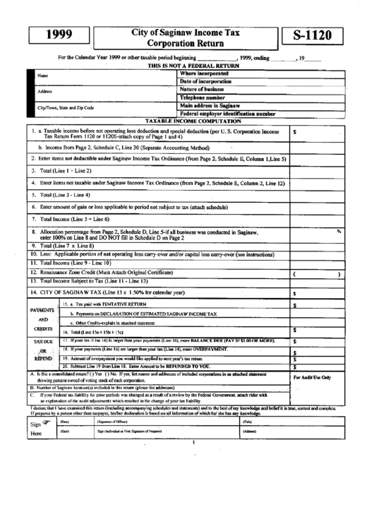Form S-1120 - City Of Saginaw Income Tax Corporation Return - 1999 Printable pdf