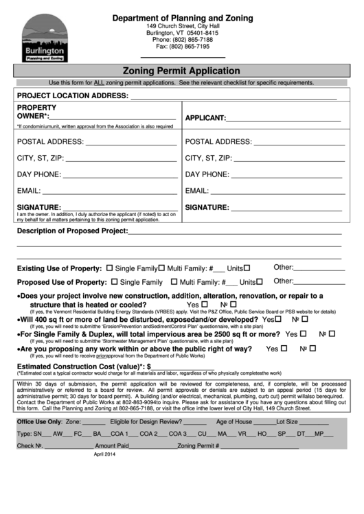 Zoning Permit Application - Department Of Planning And Zoning Form - 2014 Printable pdf