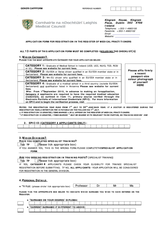 Application Form For Registration In The Register Of Medical Practitioners Form - 2015 Printable pdf