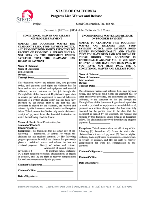 Fillable California Progress Lien Waiver And Release Form Printable pdf