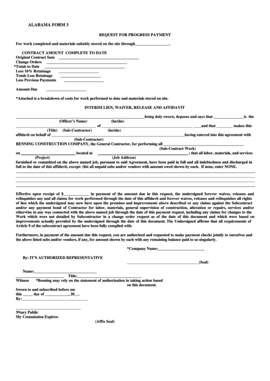 Alabama Form 3 - Request For Progress Payment Printable pdf