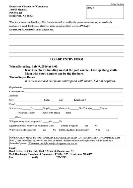 Parade Entry - Henderson Chamber Of Commerce Form Printable pdf