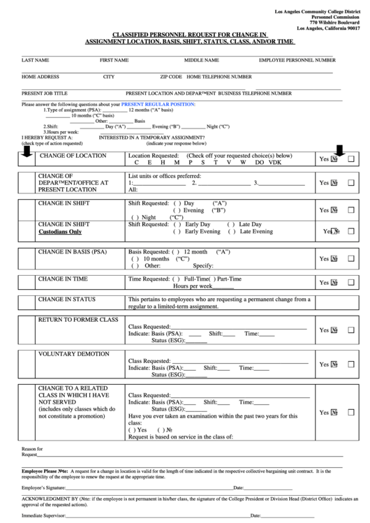 Fillable Form C1045 - Classified Personnel Request For Change In Assignment Location, Basis, Shift, Status, Class, And/or Time Form Printable pdf