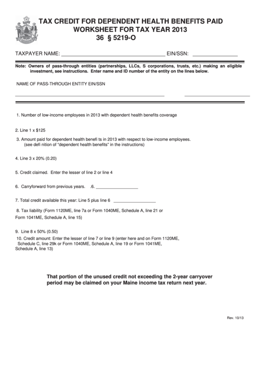 Tax Credit For Dependent Health Benefits Paid Worksheet For Tax Year 2013 Printable pdf