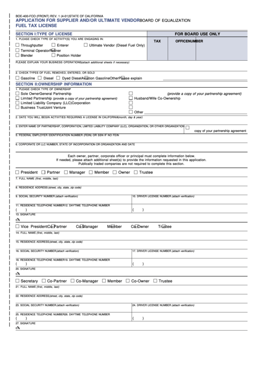 Fillable Form Boe-400-Fco - Application For Supplier And/or Ultimate Vendor Fuel Tax License Printable pdf