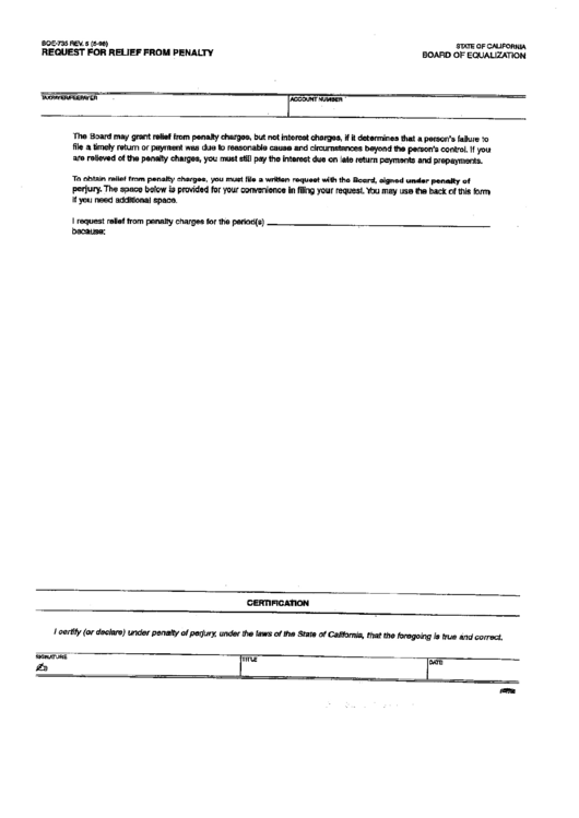 Form Boe-735 - Request For Relief From Penalty Printable pdf