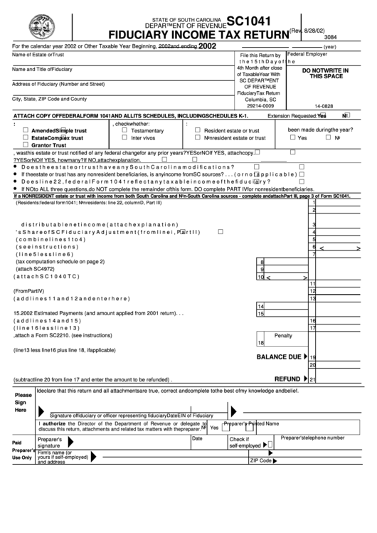 Form Sc1041 - Fiduciary Income Tax Return - 2002 Printable pdf