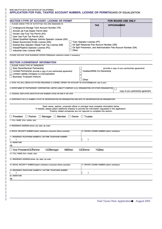 Fillable Form Boe-400-Fta - Application For Fuel Tax/fee Account Number, License Or Permit Printable pdf