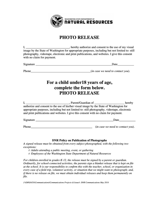 Photo Release Form For Adults And Minors - Washington Department Of Natural Resources Printable pdf