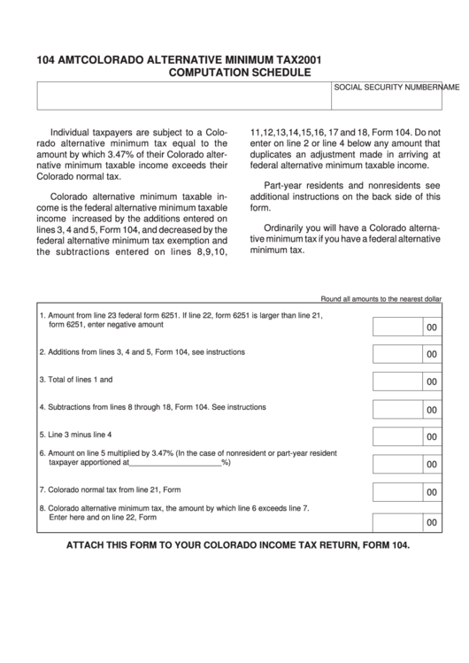 Form 104 Amt - Colorado Alternative Minimum Tax Computation Schedule - 2001 Printable pdf