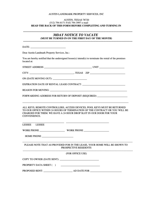 30 Days To Vacate Texas Form Printable Sample 30 Day Notice To Vacate