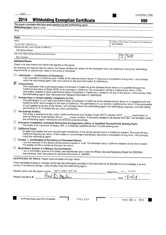 California Form 590 - Withholding Exemption Certificate - 2014 Printable pdf