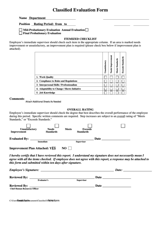 Fillable Classified Evaluation Form Printable pdf