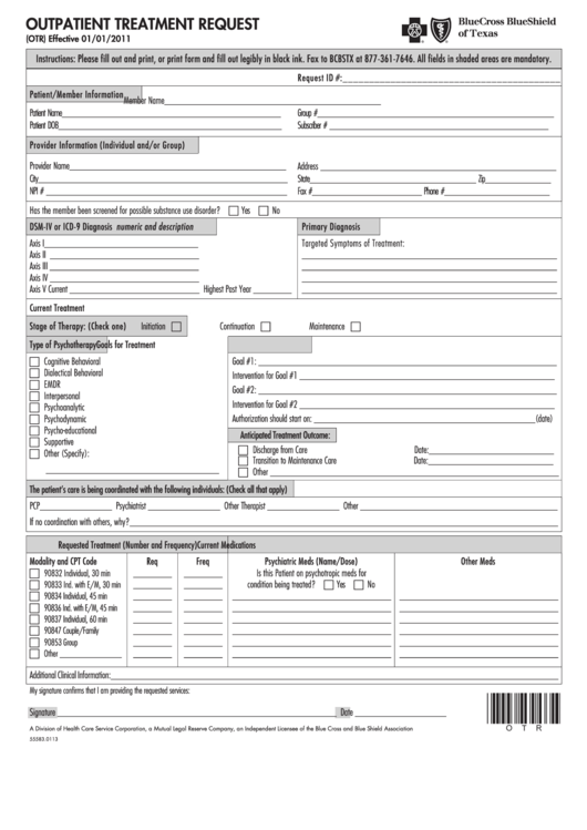 Fillable Outpatient Treatment Request - Blue Cross Blue Shield Of Texas Printable pdf