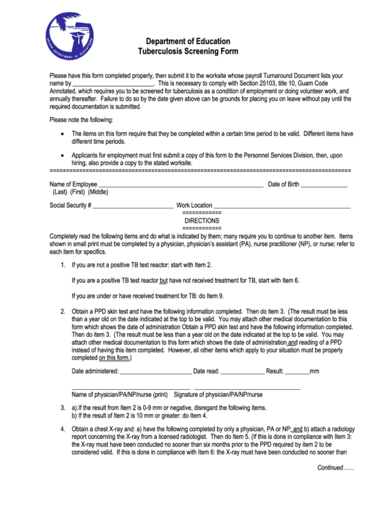Tuberculosis Screening Form - Department Of Education Printable pdf