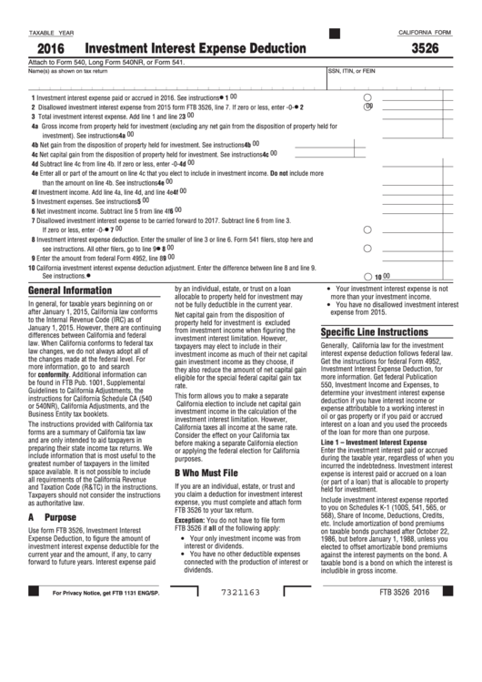 Fillable California Form 3526 - Investment Interest Expense Deduction - 2016 Printable pdf