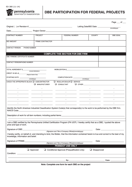 Fillable Form Eo-380 - Dbe Participation For Federal Projects Printable pdf