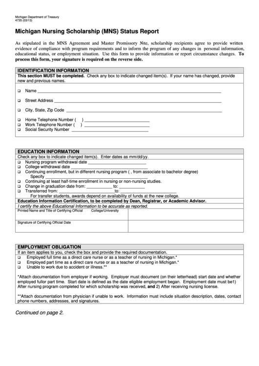 Fillable Form 4735 - Michigan Nursing Scholarship Program Status Report Printable pdf