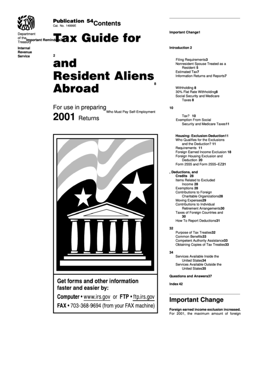 Publication 54 - Tax Guide For U.s. Citizens And U.s. Citizens Abroad - 2001 Printable pdf