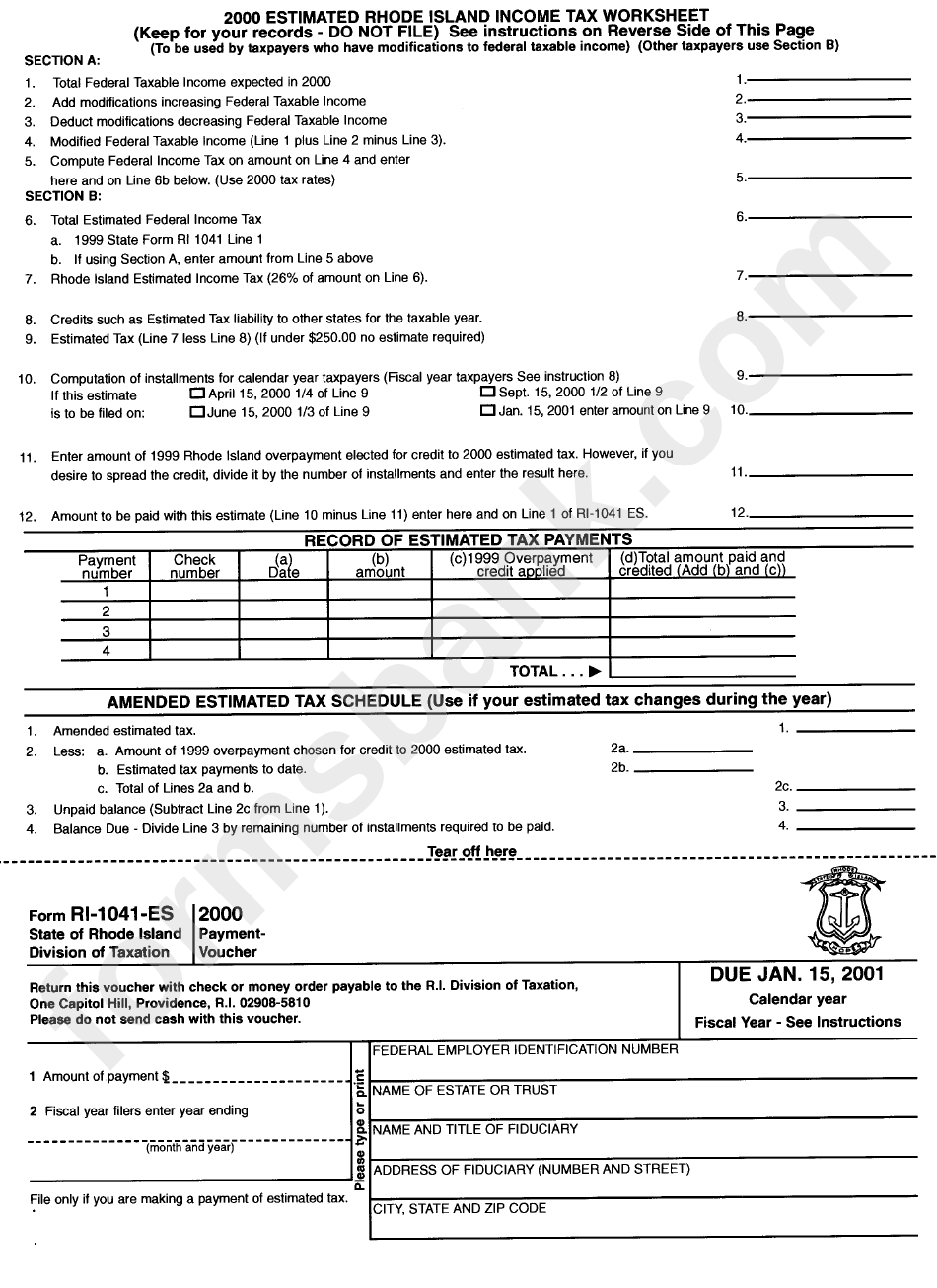 Form Ri-1041-Es - 2000 Payment Voucher - State Of Rhode Island Division Of Taxation