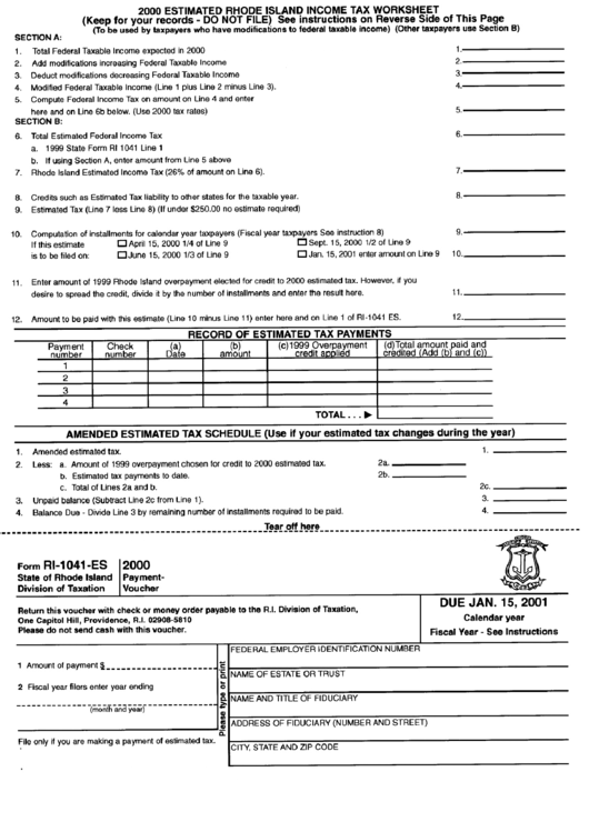 Form Ri-1041-Es - 2000 Payment Voucher - State Of Rhode Island Division Of Taxation Printable pdf