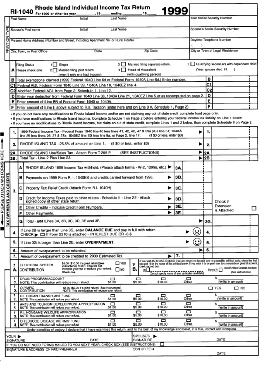 Form Ri-1040 - Rhode Island Individual Income Tax Return - 1999 Printable pdf