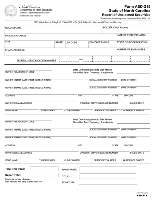 Fillable Form Asd-215 - Report Of Unclaimed Securities - North Carolina Department Of State Treasurer Printable pdf