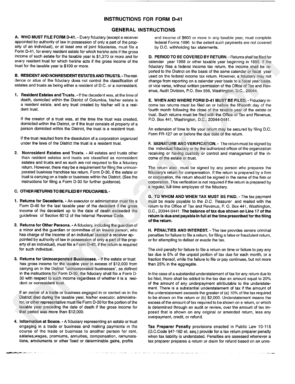 Instructions For Form D-41 - District Of Columbia Office Of Tax And Revenue
