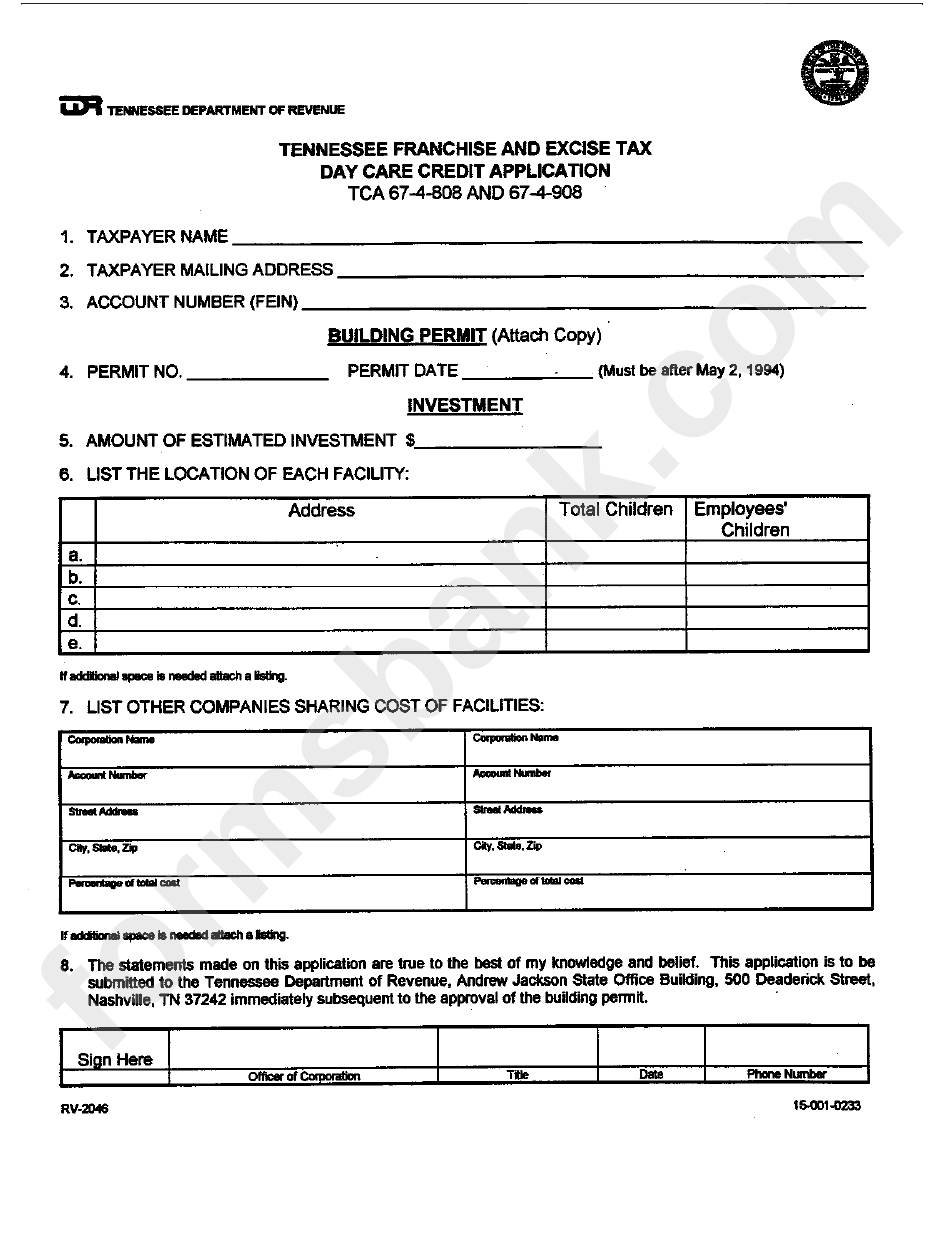 Form Rv-2046 - Tennessee Franchise And Excise Tax Day Care Credit Application - Tennessee Department Of Revenue