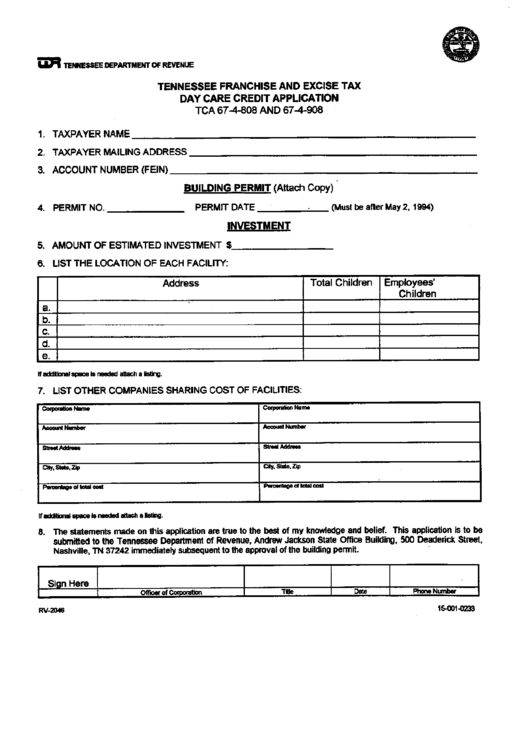 Form Rv-2046 - Tennessee Franchise And Excise Tax Day Care Credit Application - Tennessee Department Of Revenue Printable pdf