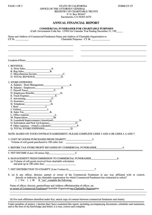Form Cf-2t - Annual Financial Report - California Office Of The Attorney General Printable pdf