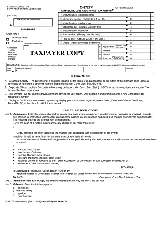 Fillable Form O-372tp - Admissions, Dues And Cabaret Tax Return - Connecticut Department Of Revenue Services Printable pdf