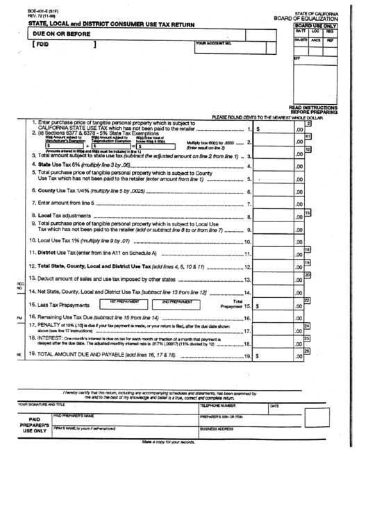 Form Boe-401-E - State, Loval And District Consumer Use Tax Return Printable pdf